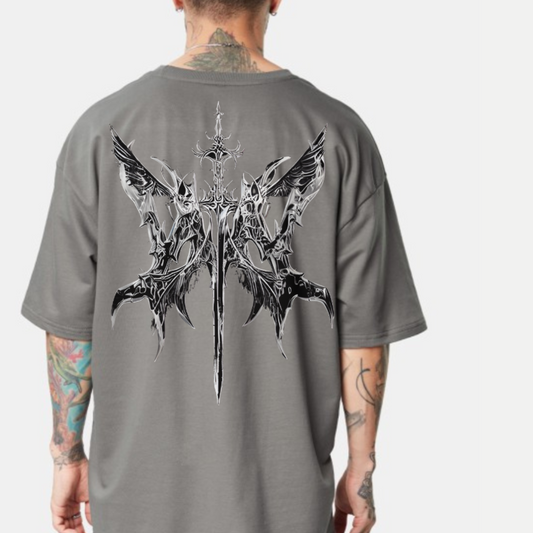 Shadow Seraph Blade Black,grey,white & Cream mens oversized-gothic-back-print-tshirt-Rivaraluxe